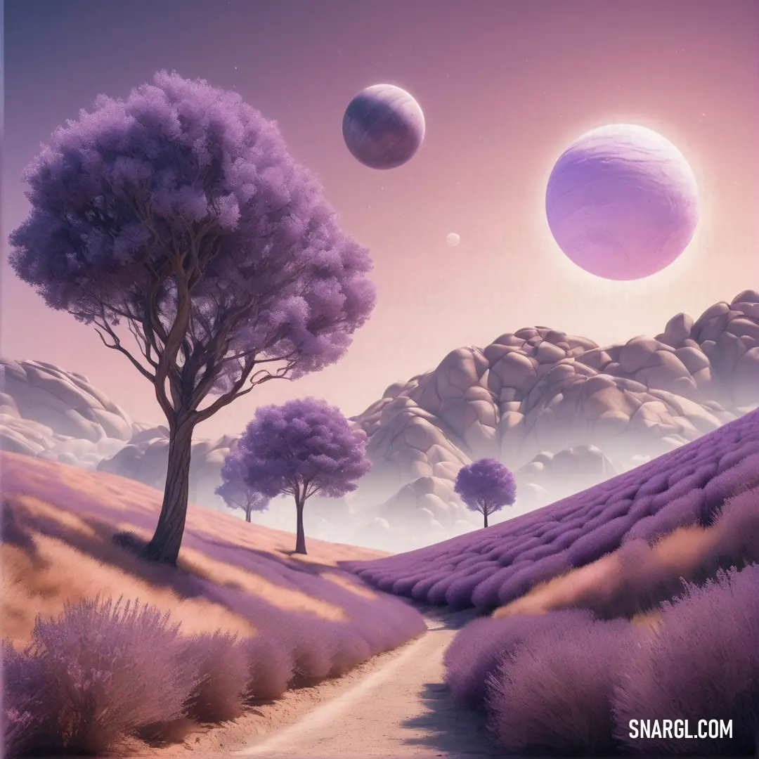 PANTONE 2053 color example: Painting of a landscape with trees and planets in the sky above it