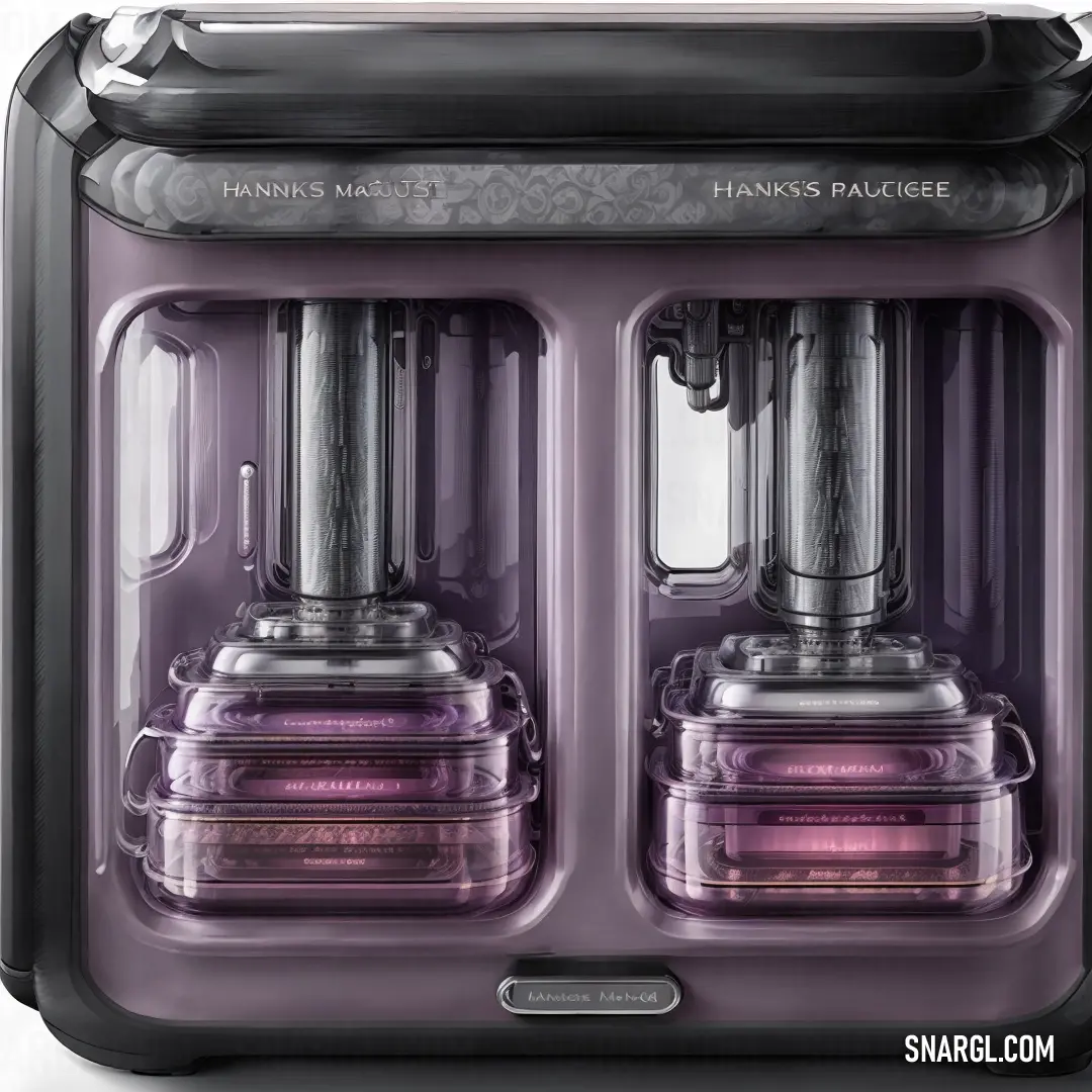 PANTONE 2053 color. Purple and black machine with two containers inside of it