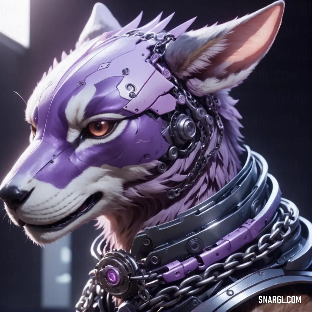 Purple dog with chains around its neck and collars on it's head, with a window in the background. Example of RGB 149,115,129 color.
