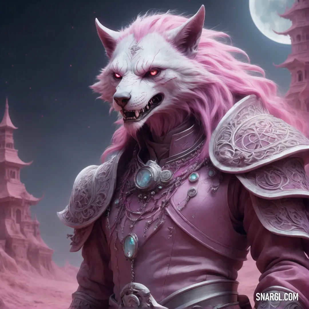 Wolf with pink hair and a purple outfit in front of a castle with a full moon in the sky. Color CMYK 40,59,28,4.