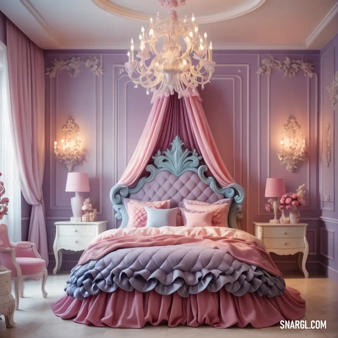 Bedroom with a pink and blue bed and chandelier and a pink chair and table with a lamp. Color RGB 111,79,94.
