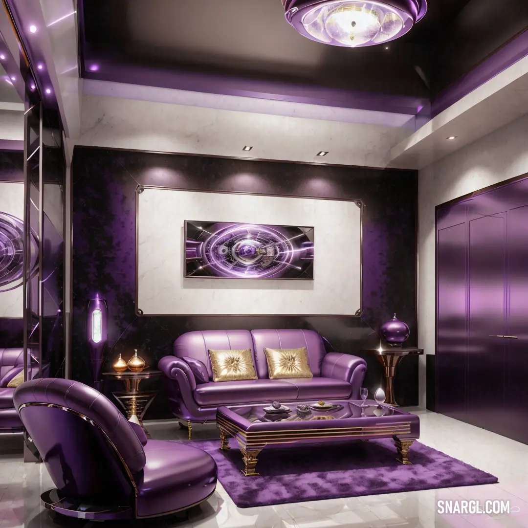 Living room with purple furniture and a purple rug on the floor and a purple rug on the wall. Color PANTONE 2056.
