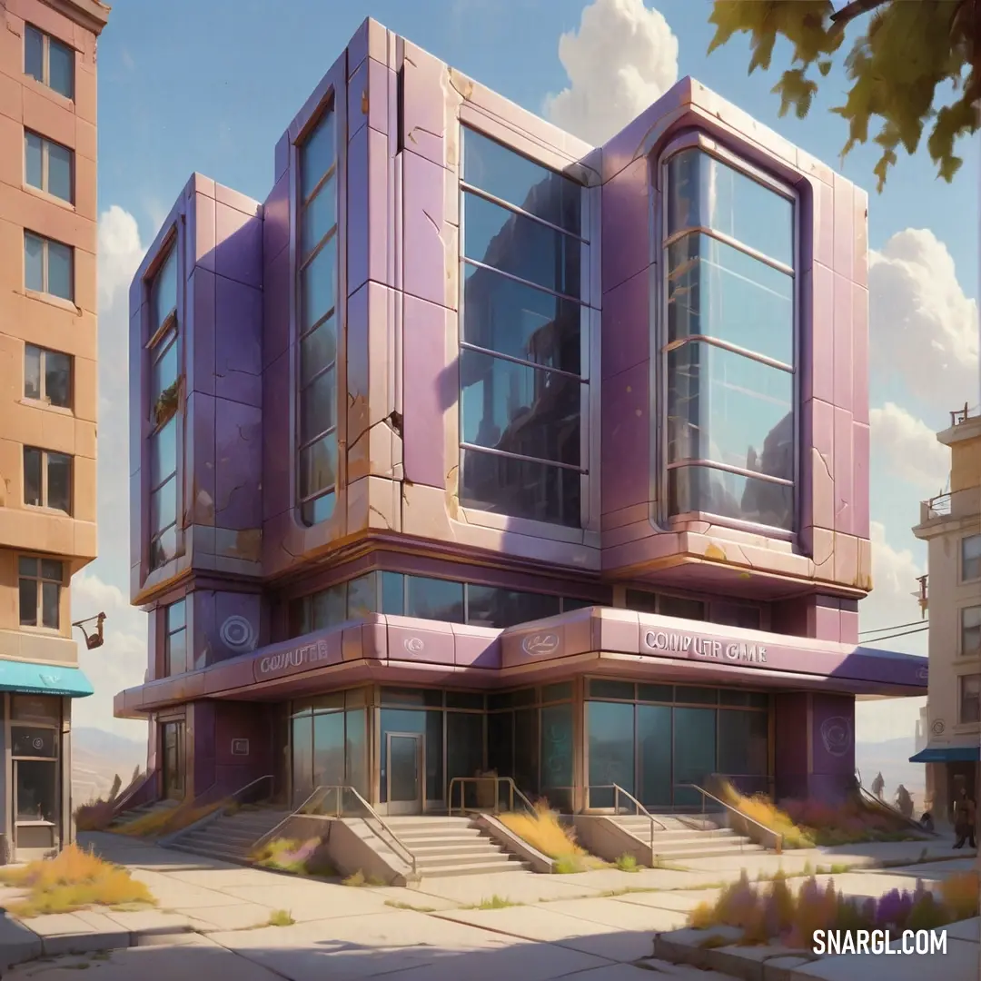 Purple building with a sky background. Color RGB 111,79,94.