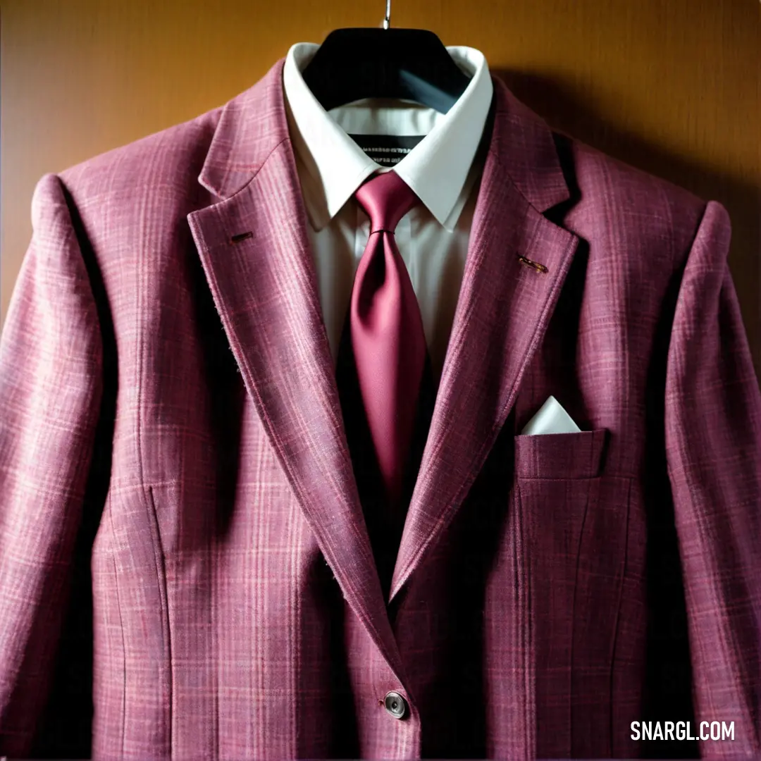Suit and tie hanging on a hanger in a room with a coat rack and a coat rack. Example of PANTONE 2057 color.