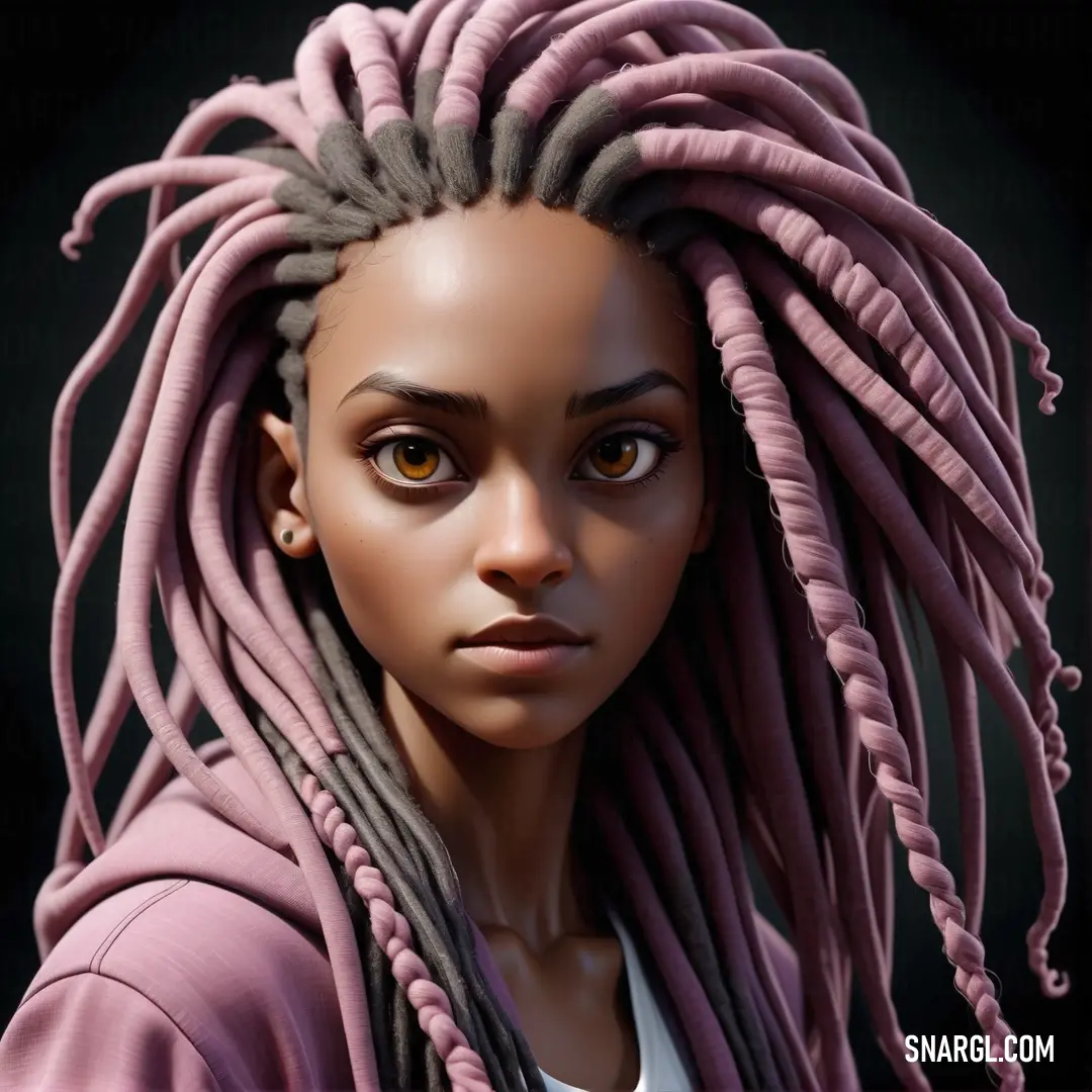 Woman with dread locks and a pink jacket on her head. Color #D391B7.