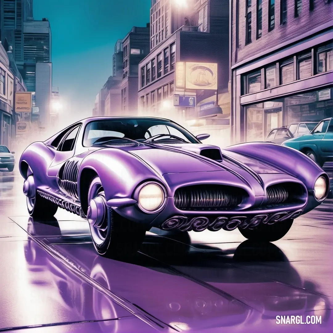 Purple car is driving down a city street at night time with a purple background. Color PANTONE 2058.