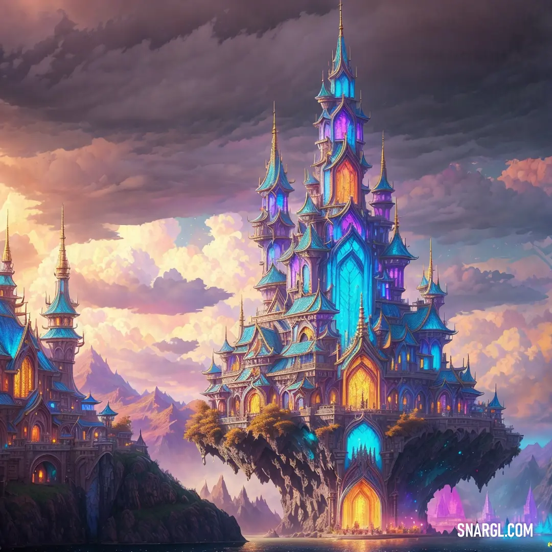 A majestic castle with many towering spires sits atop a rocky landscape, with clouds drifting above and water below. The scene is breathtaking, evoking a sense of wonder and awe as the castle rises high into the sky.