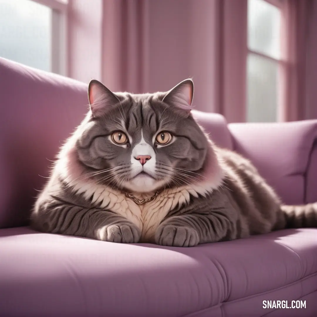 Cat on a purple couch with a pink background. Color CMYK 26,58,10,0.