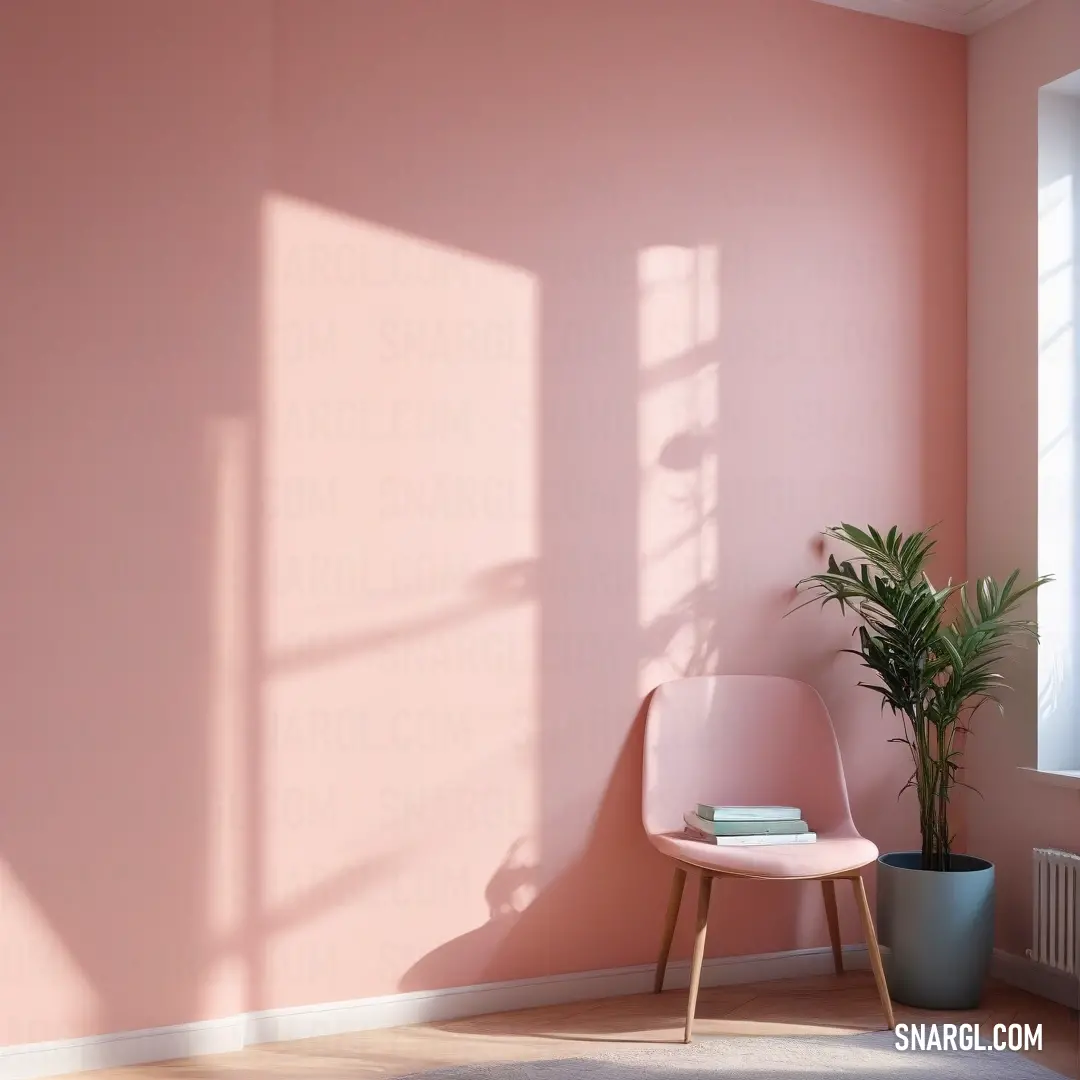 A stylish chair accompanied by a potted plant is perfectly positioned in a room adorned with soft pink walls and a sunlit window. The ambiance creates a tranquil space for relaxation and reflection, enhanced by natural light.