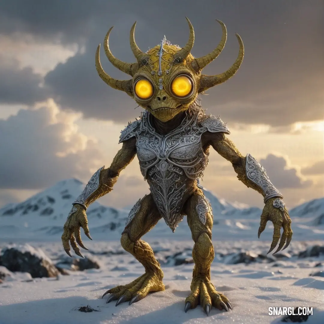 A mysterious creature with luminescent eyes, donned in a whimsical costume, stands amid a snowy landscape. Towering mountains loom in the distance, creating an enchanting backdrop under a twilight sky filled with shimmering stars.