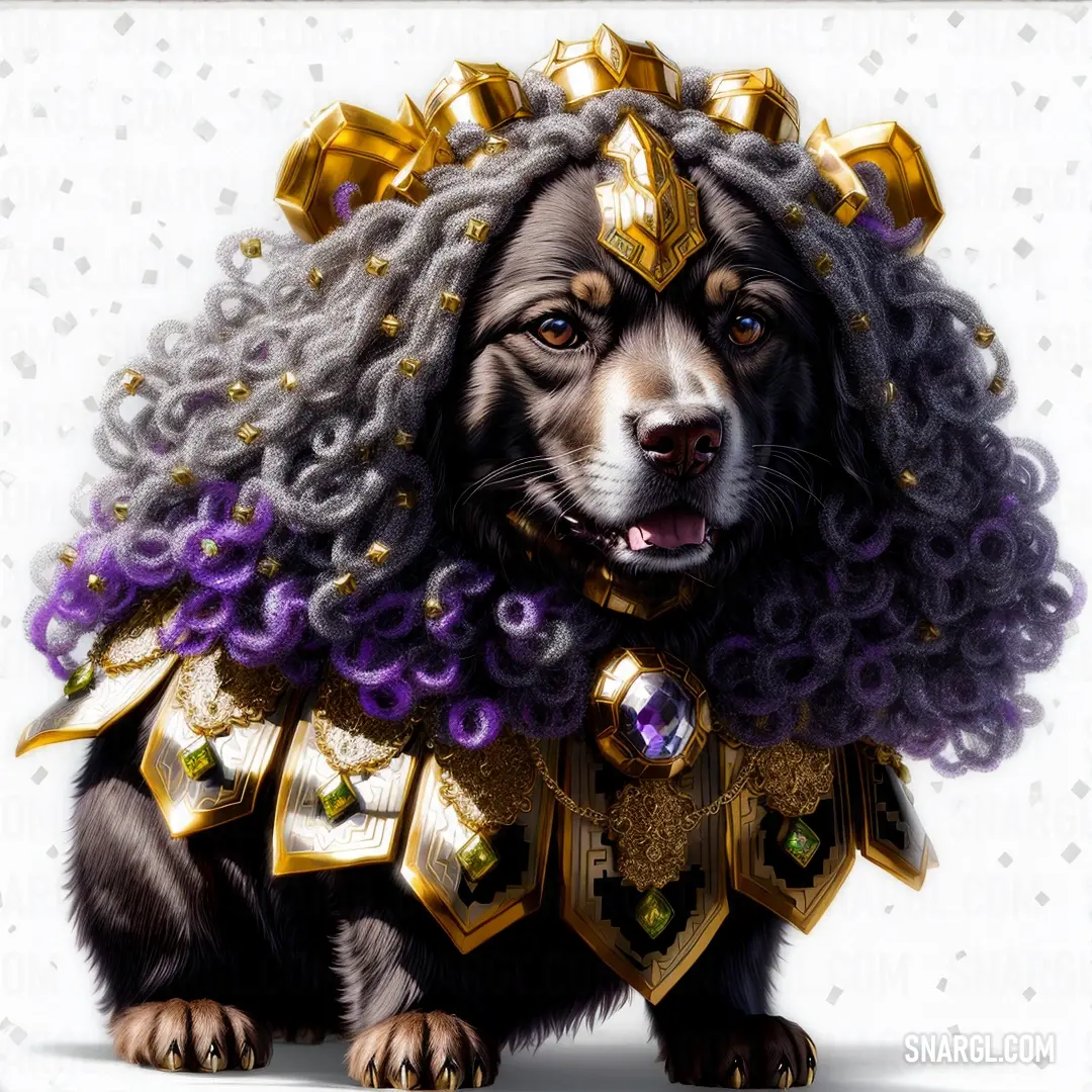 A dog in a whimsical costume, complete with a crown and a purple wig adorned with gold decorations, strikes a charming pose. The playful outfit adds a touch of humor to the scene, showcasing the dog's unique and fun personality.