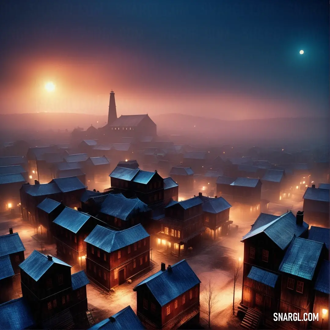 A foggy night unfolds, with a distant village and a church silhouetted under the soft glow of a full moon. The scene evokes the haunting and mysterious tone of PANTONE 2059.