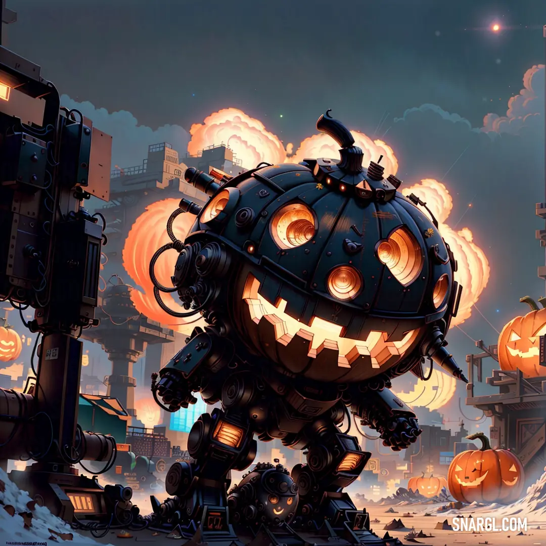 A cartoon character with a pumpkin for a face holds a machine gun confidently in his hand. The fun and quirky character exudes an adventurous spirit, ready for action in this humorous, slightly spooky setting.