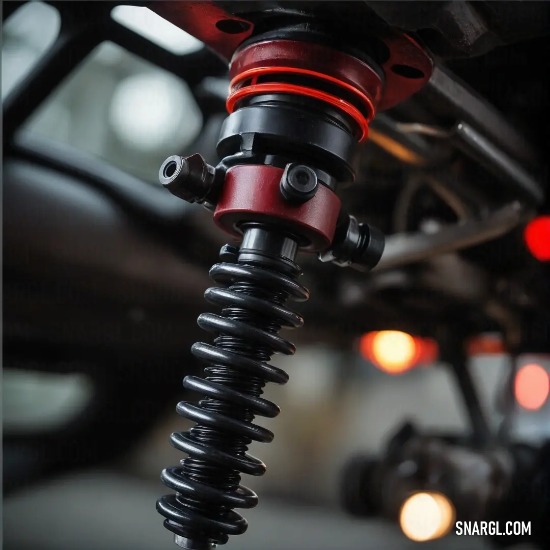 An intriguing close-up of a car's suspension system, revealing intricate details of its engineering, bathed in a warm red glow from a background light, highlighting the sleek lines and craftsmanship involved in modern automotive design.