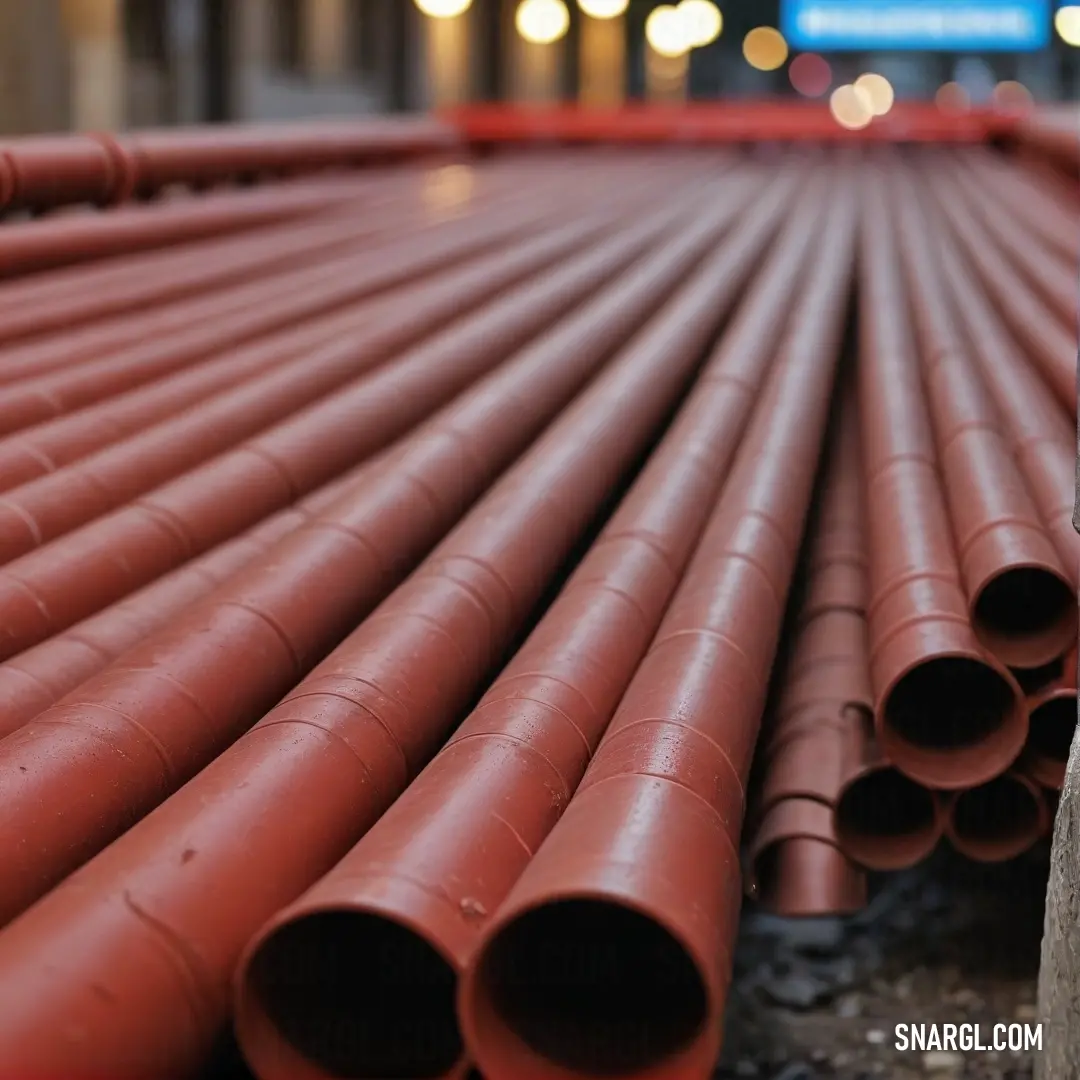 A vibrant array of red pipes sprawls on a city sidewalk next to a building adorned with twinkling lights, bringing a splash of color to an urban setting. The scene highlights the intersection of infrastructure and artistry in everyday life.