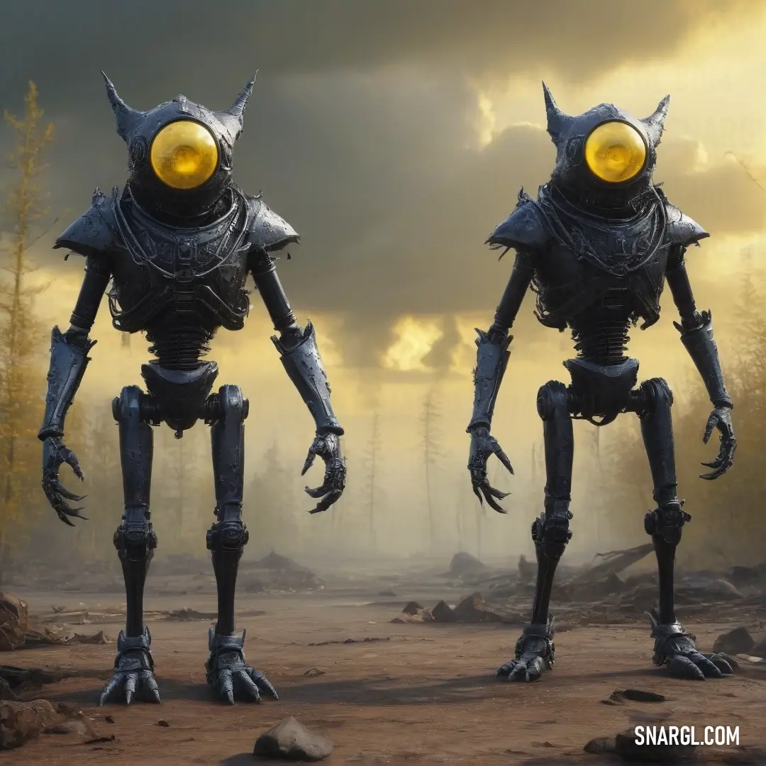 Two fantastical alien-like beings, marked by unique features and colors, stand side by side in a barren landscape where twisted trees create a haunting yet beautiful foreground, resembling a scene from an otherworldly adventure.