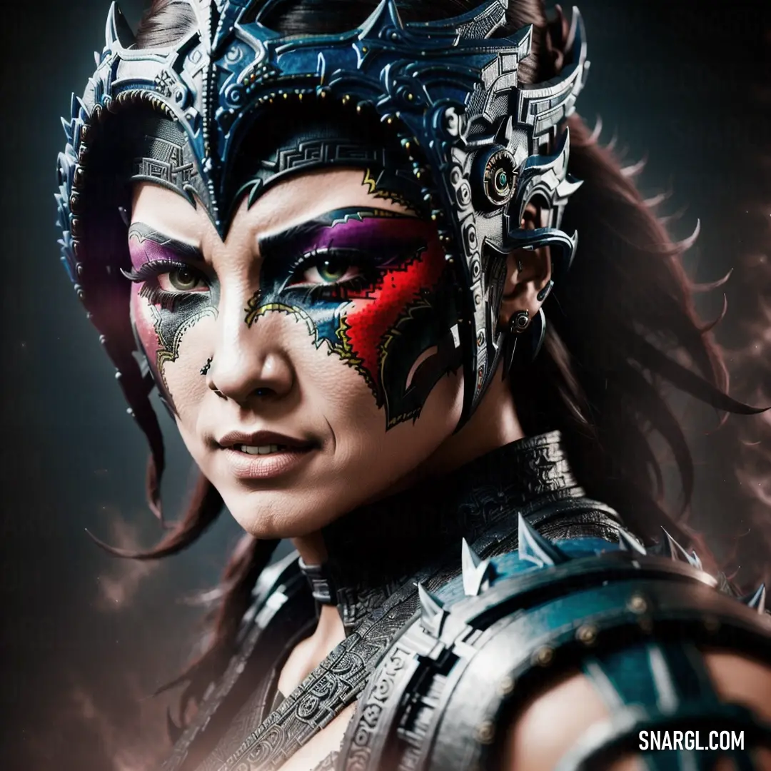 A mysterious woman with a mask, a sword pressed to her face, surrounded by flames that glow behind her head, all set against a deep black backdrop. The image radiates an air of intensity and intrigue, with hues of purples and pinks blending in the scene.