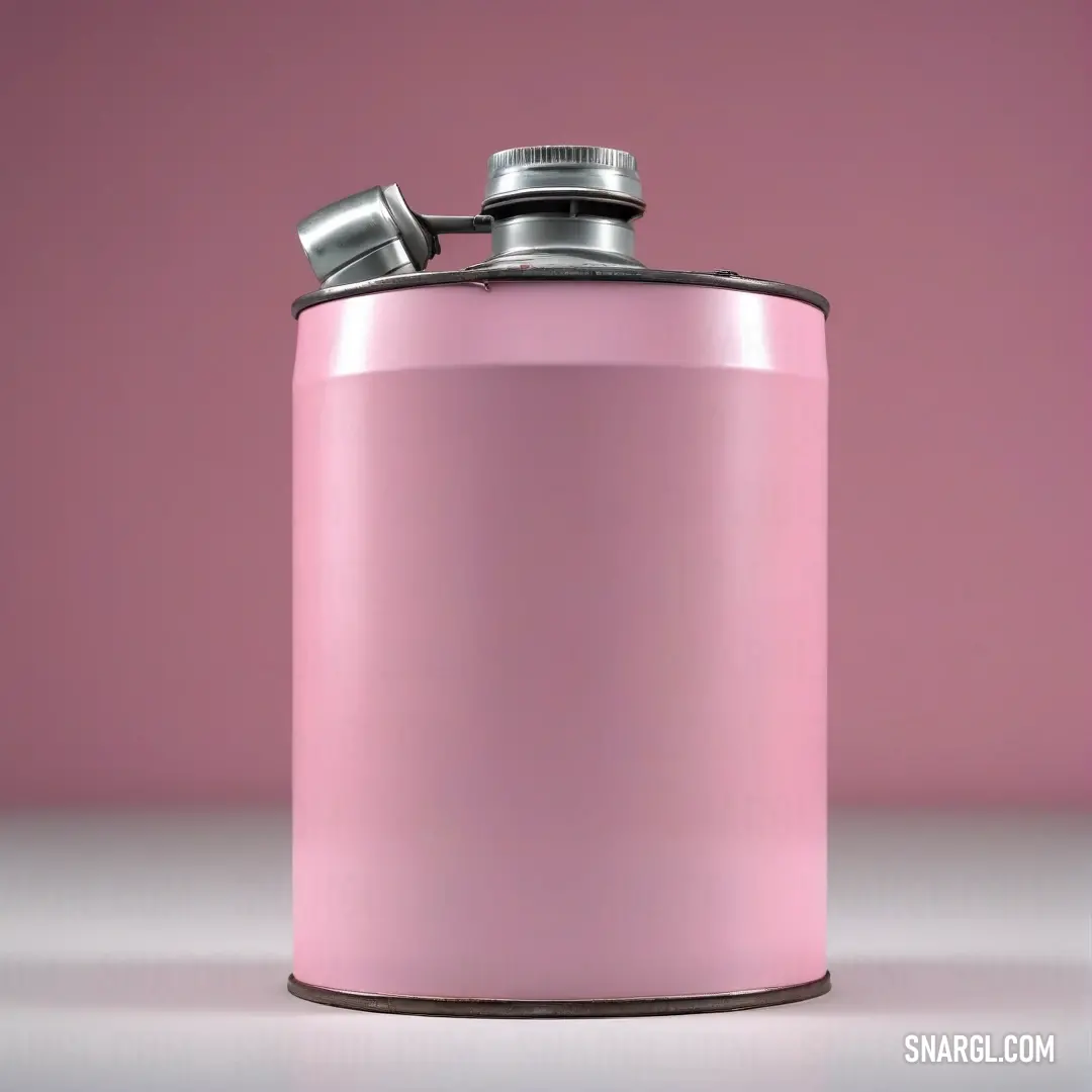 A stylish pink flask featuring a gleaming metal cap rests elegantly on a soft pink table, exuding charm and sophistication, while creating a harmonious atmosphere that complements the serene background.