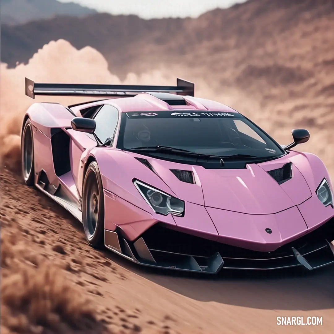 Pink sports car driving on a dirt road in the desert with a sky background. Color #B7779A.
