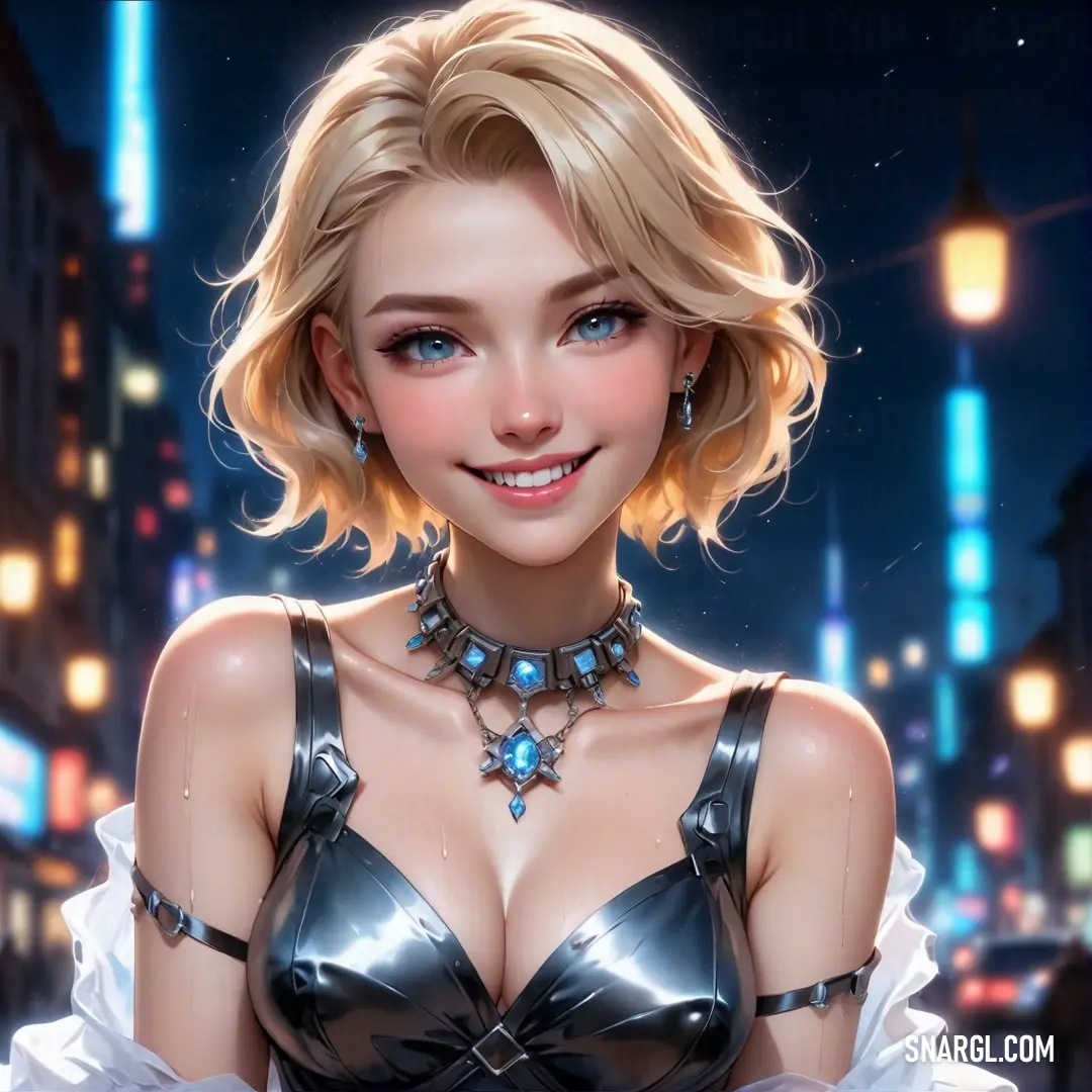 A woman dressed in a stylish bra top and necklace stands in a city at night, her figure illuminated by the lights reflecting off the buildings. The scene captures the essence of PANTONE 2059.