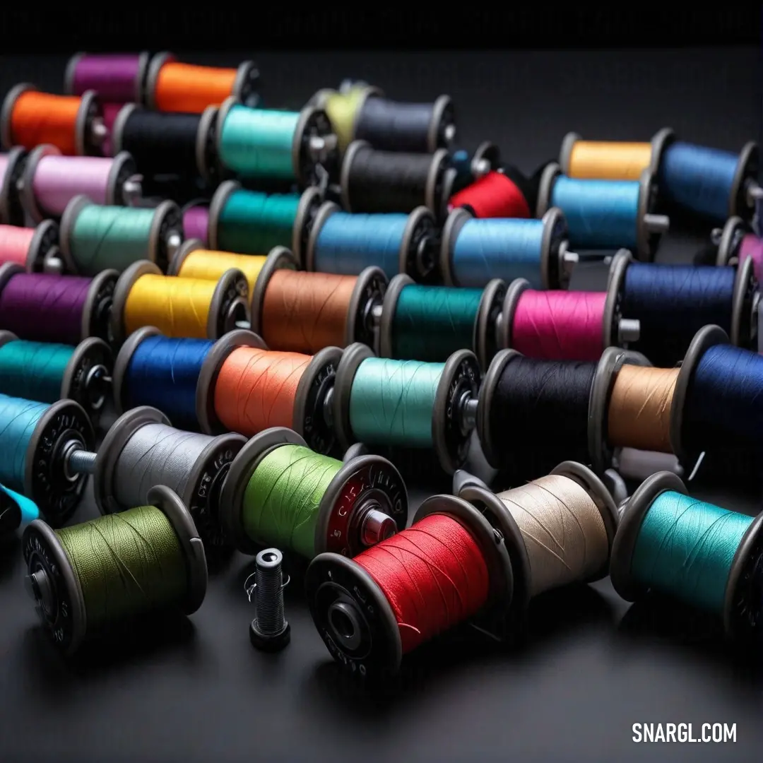 A collection of spools of thread in various colors arranged neatly on a table. The rich #D82455 hue provides a striking backdrop to the colorful threads, evoking creativity and craftsmanship.