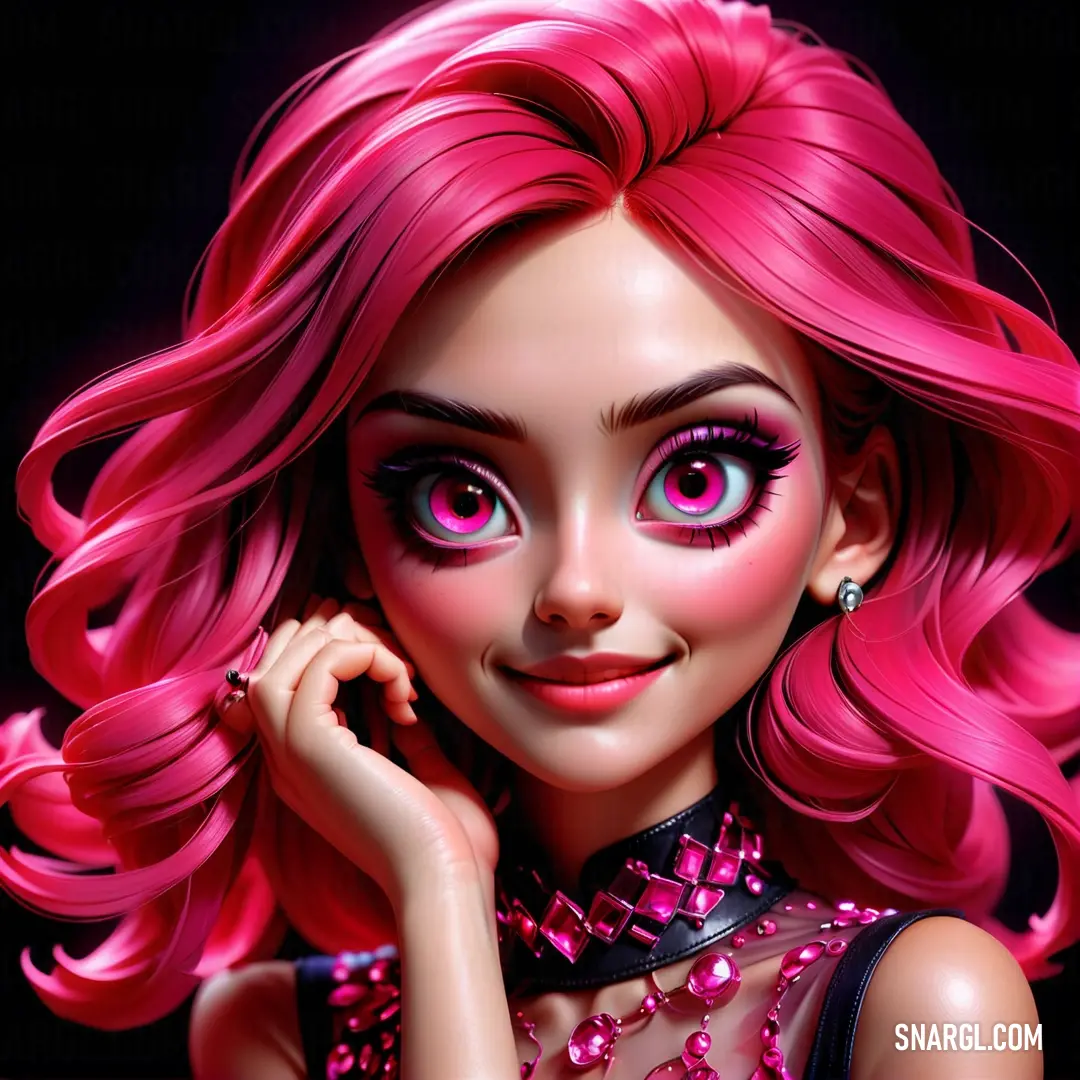 Cartoon girl with pink hair and pink eyes and a pink wig