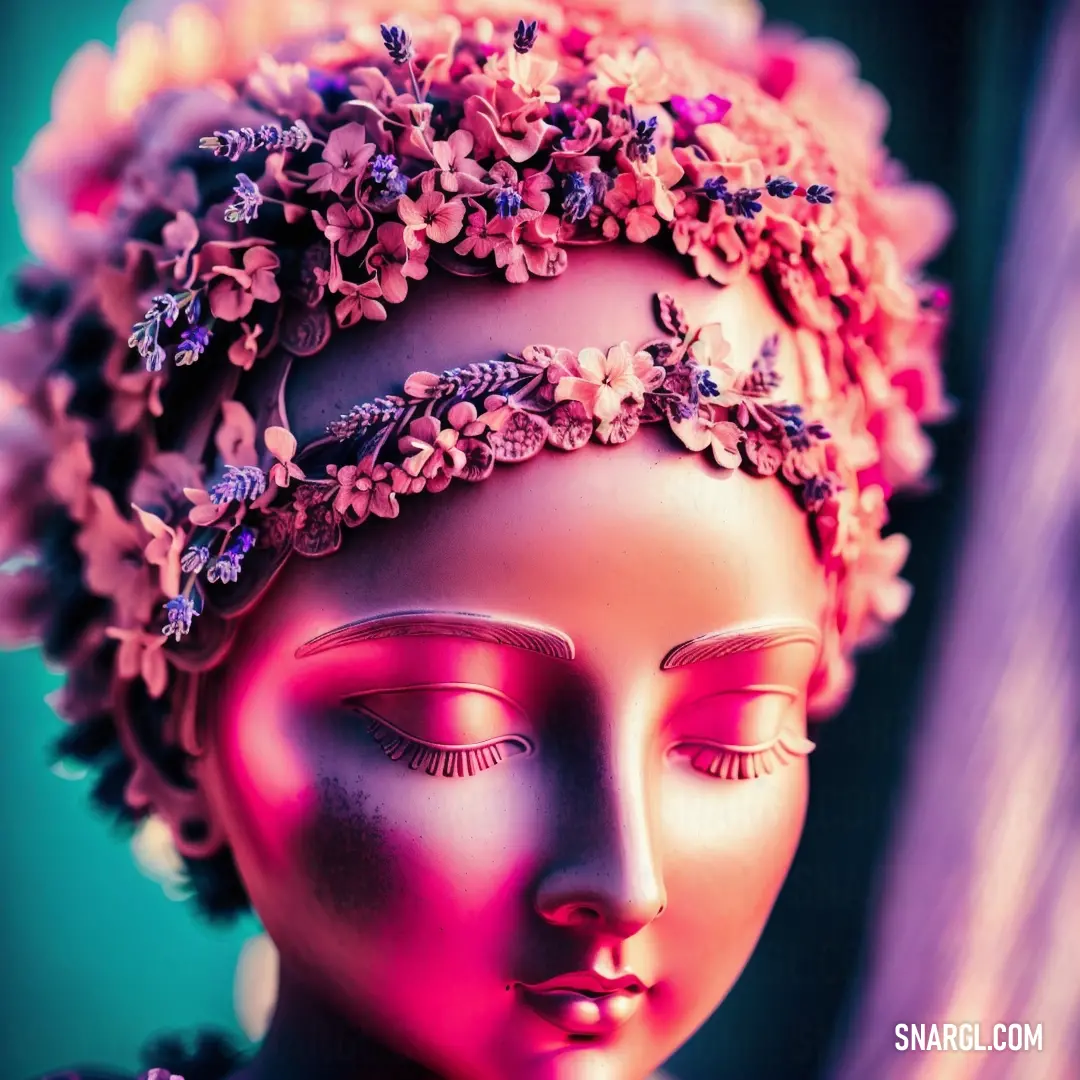 Close up of a statue of a woman with flowers on her head and eyes closed
