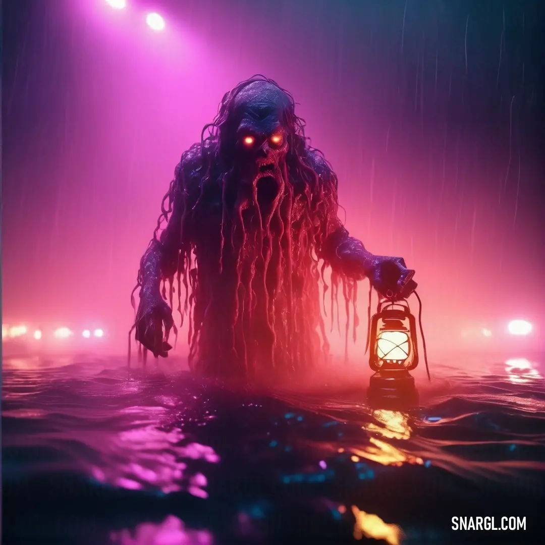 A fascinating creature emerges from the water, clutching a glowing lantern. Its presence is accentuated by the fog swirling around its face, creating an eerie yet enchanting scene under the night sky, illuminated by warm lights reflecting on the surface o