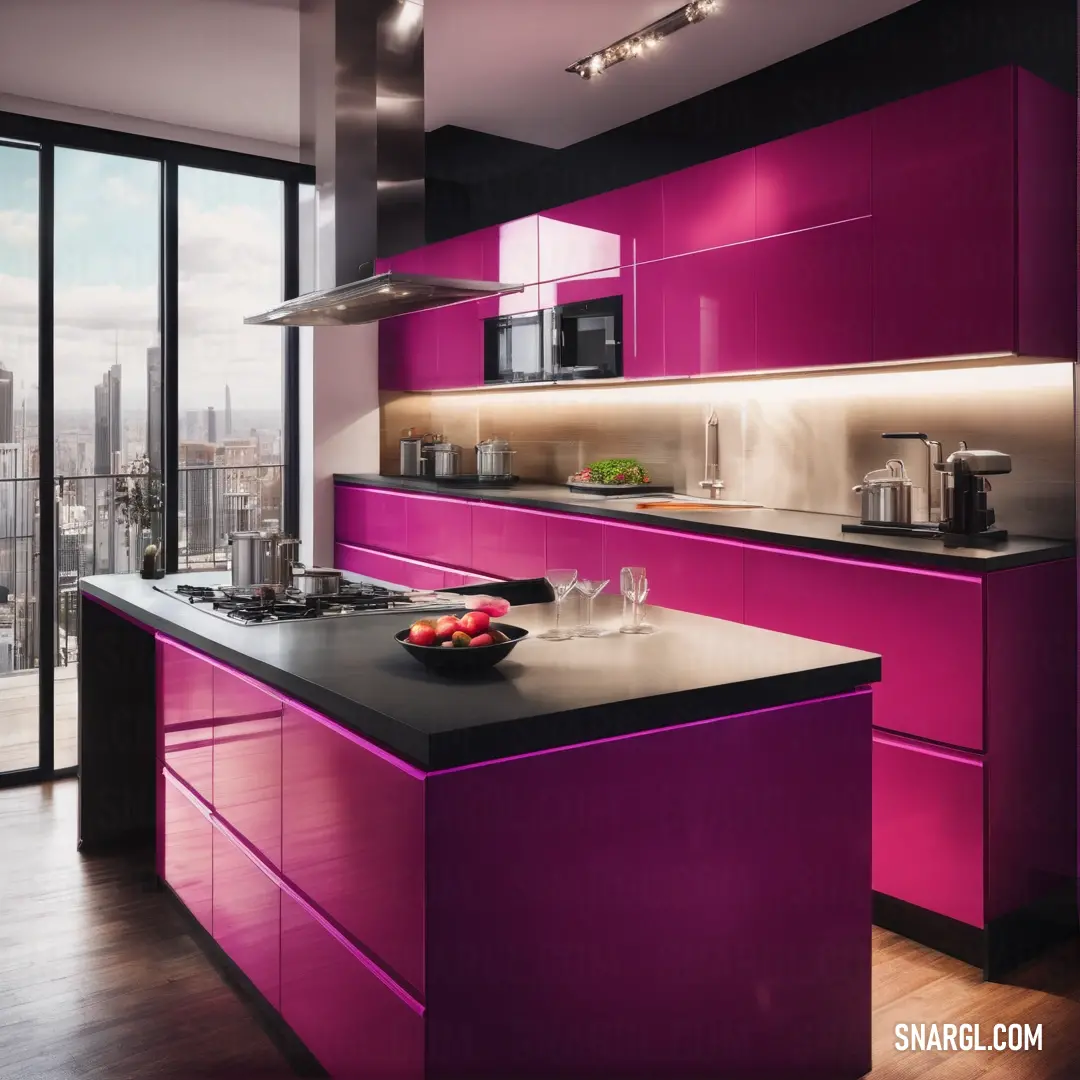 A delightful kitchen scene featuring a large window bathing the space in natural light, a stunning purple counter topped with a bowl of fresh fruit, making it a lively hub for culinary adventures and gatherings.