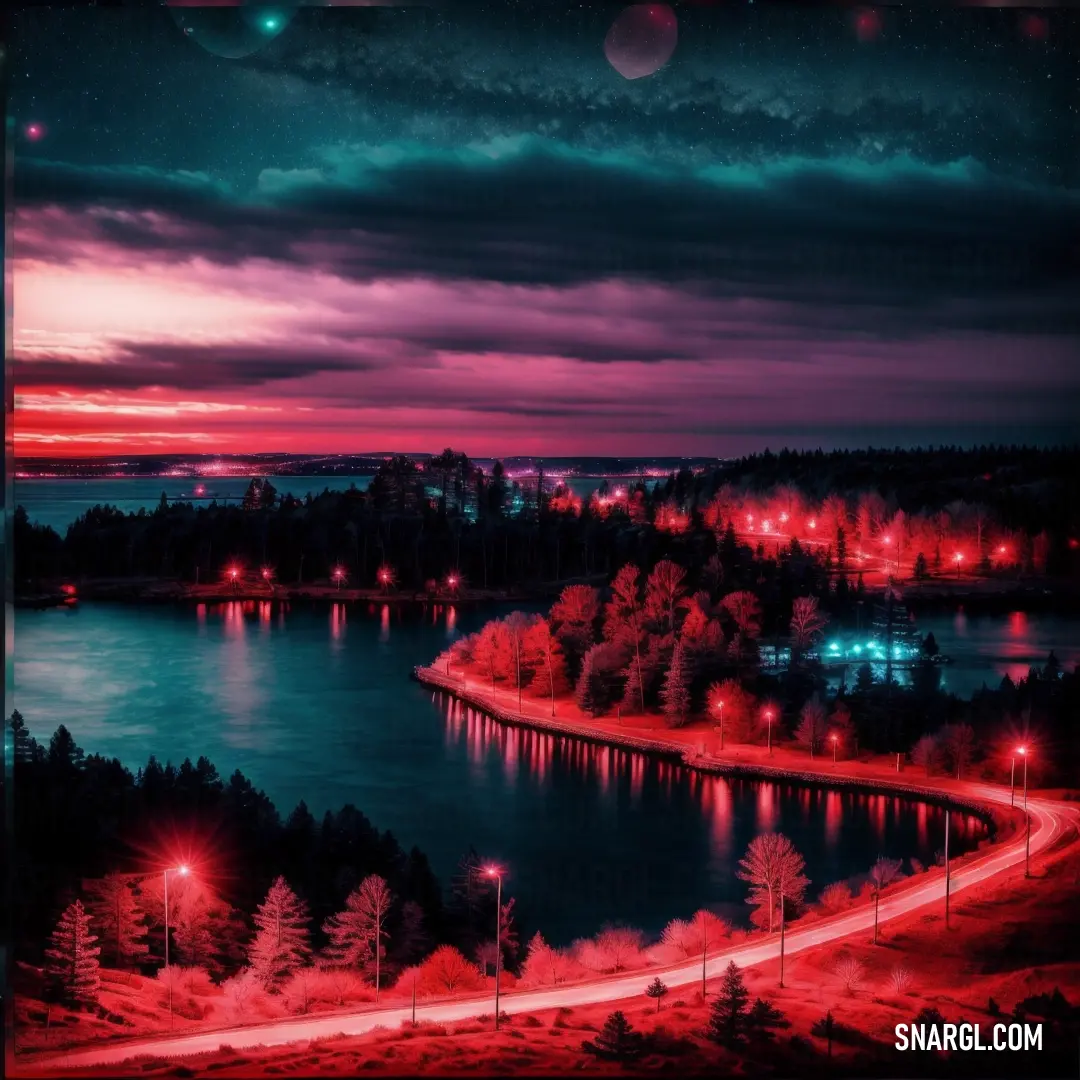 Night scene with a red sky and a lake and a road with lights on it and a red sky