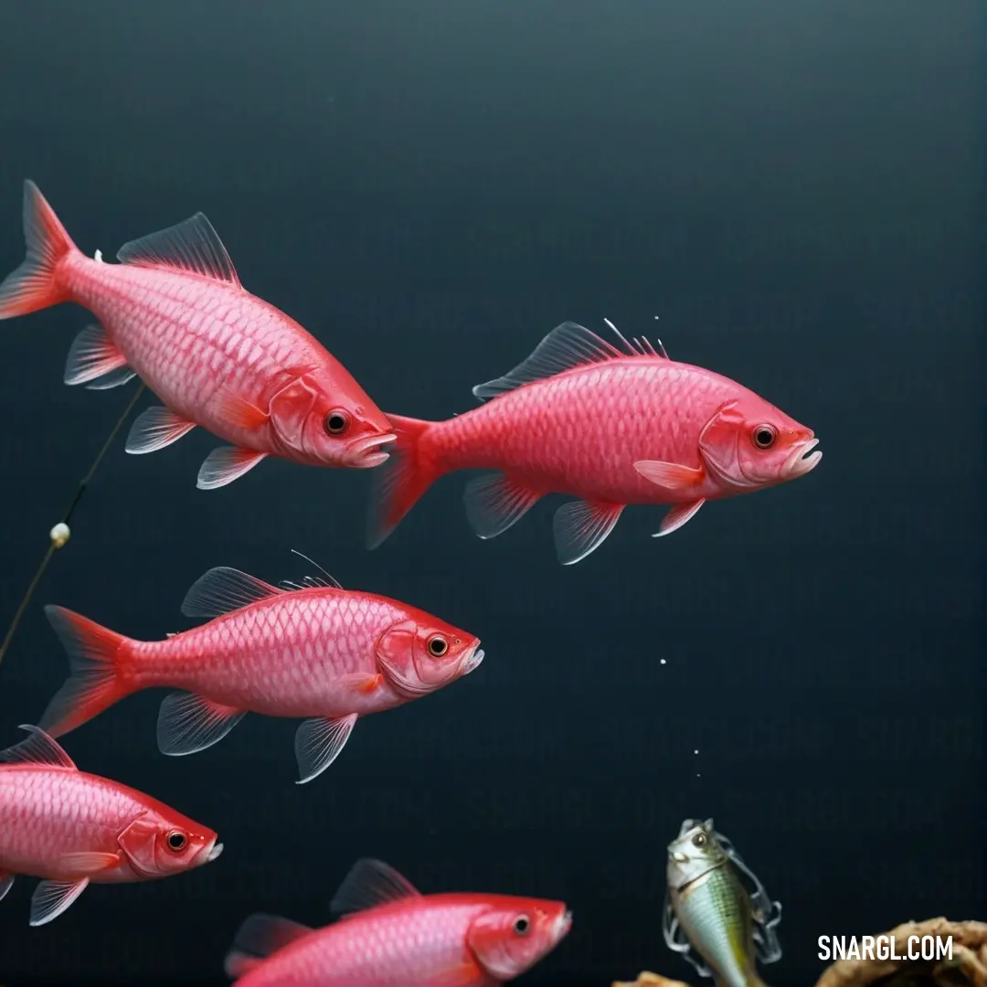 A group of vivid red fish gracefully swimming in a water tank, one fish captured with a hook in its mouth. The striking CMYK 0,100,50,0 color makes their movement and the overall scene pop, highlighting the vibrancy of the aquatic life.