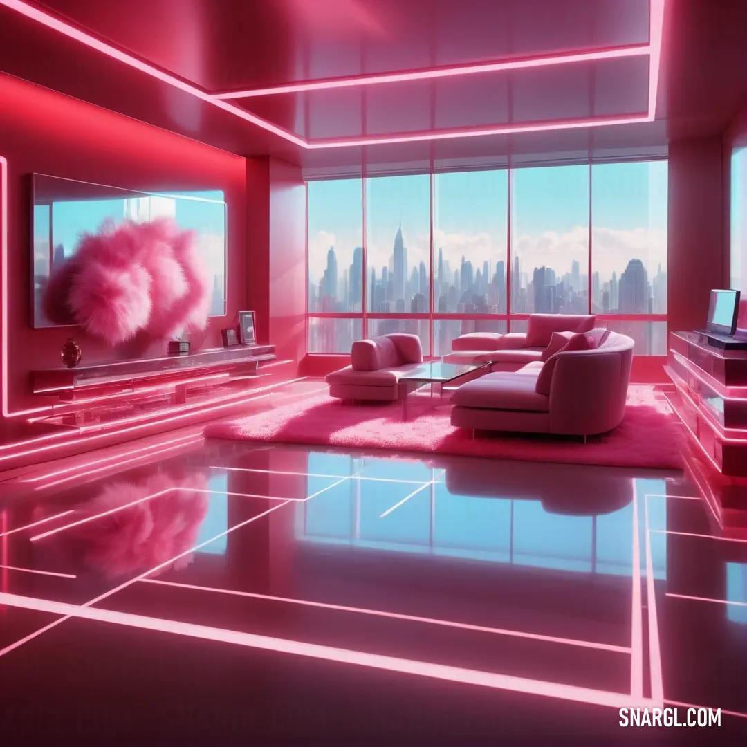 A cozy living room features a stunning pink couch paired with a panoramic window revealing a breathtaking city view, radiating warmth and comfort.