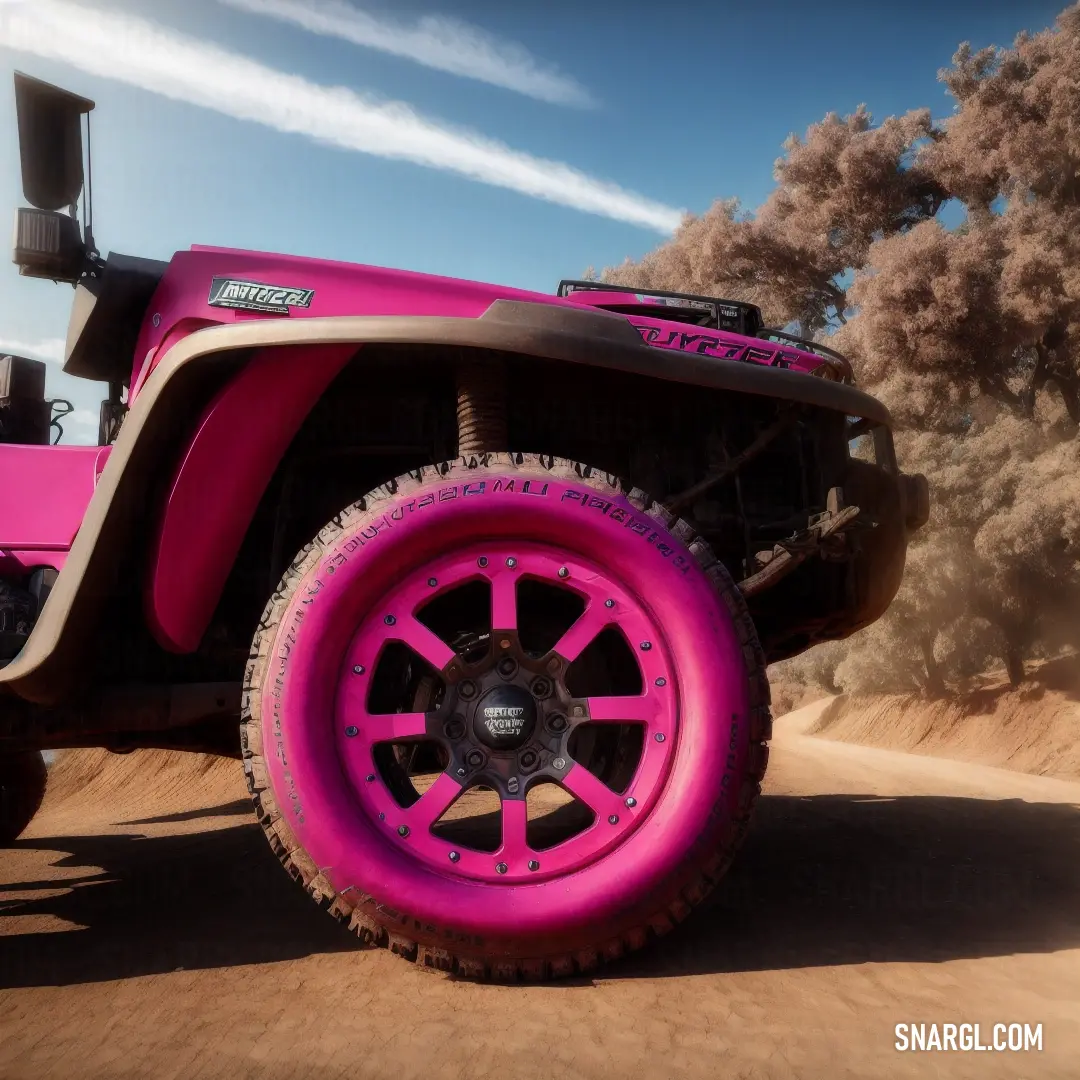 A vibrant pink jeep rolling along a dirt road, with colorful trees in the background, its playful pink tire adding a touch of fun to the adventure, encapsulating the spirit of exploration in the great outdoors.