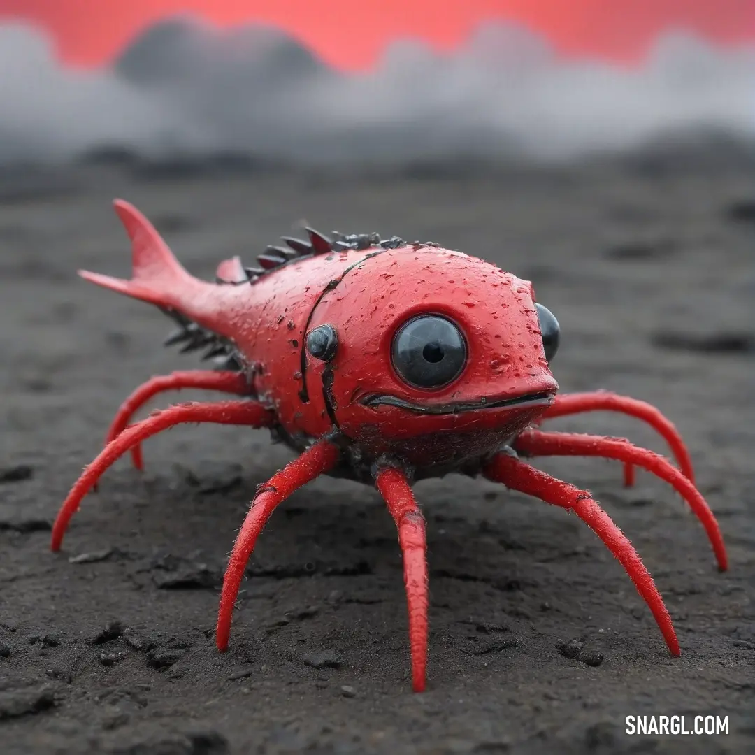 A vibrant red crab with striking black features scuttles across a pristine beach, its silhouette contrasting against a dramatic red sky that meets the horizon, creating a vivid depiction of nature's beauty at dusk.