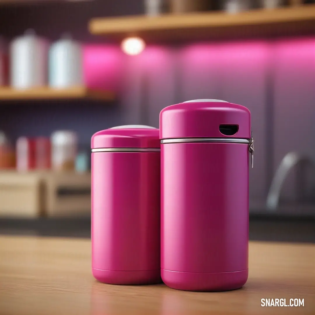 Two vibrant pink kitchen containers glow against their surroundings, complemented by soft pink lighting and shelves lined with various bottles, creating a warm and inviting atmosphere. Color: #D82455.