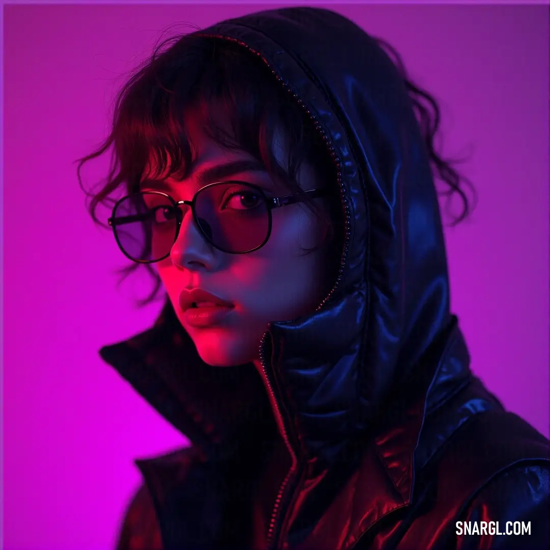 A fashionable woman dressed in a sleek black jacket pairs perfectly with her stylish glasses, posing gracefully against a rich purple background, where the contrasting colors combine to create a visually rich experience.