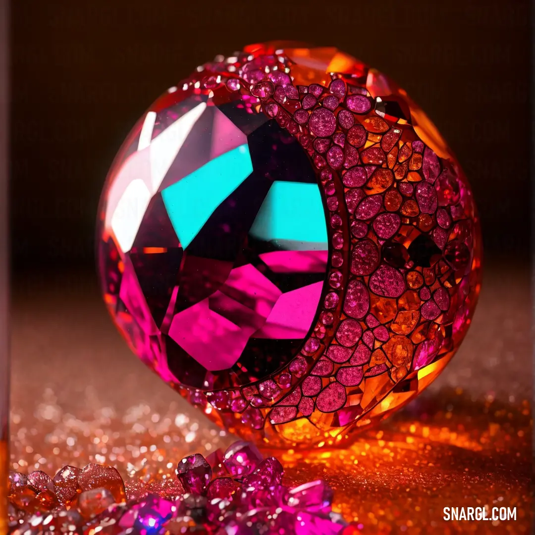 Pink and blue diamond surrounded by pink and purple crystals and a purple and orange object on a table