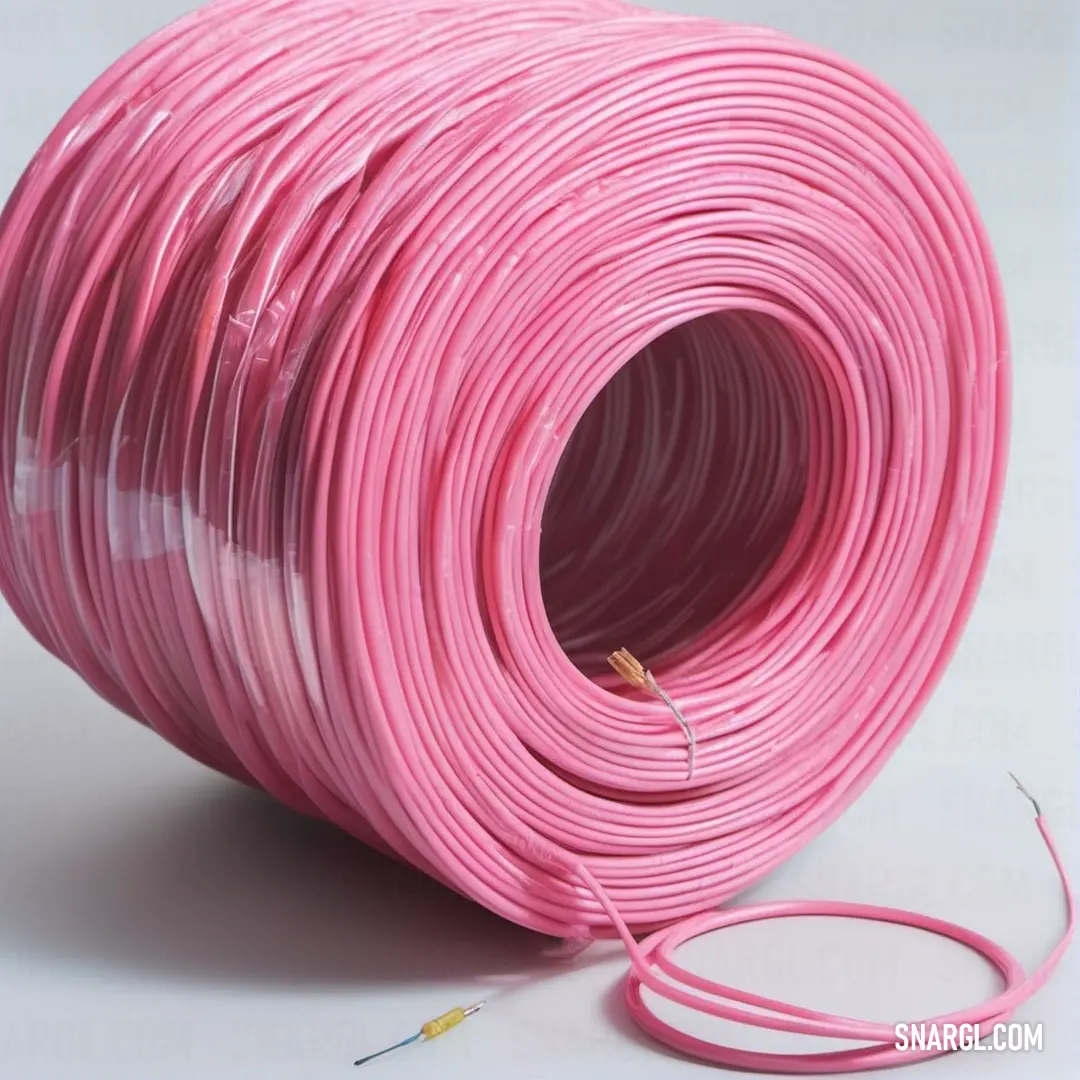 A vibrant pink cord lies gracefully against a clean white background, showcasing its bold color and smooth texture, adding a pop of brightness to the scene.