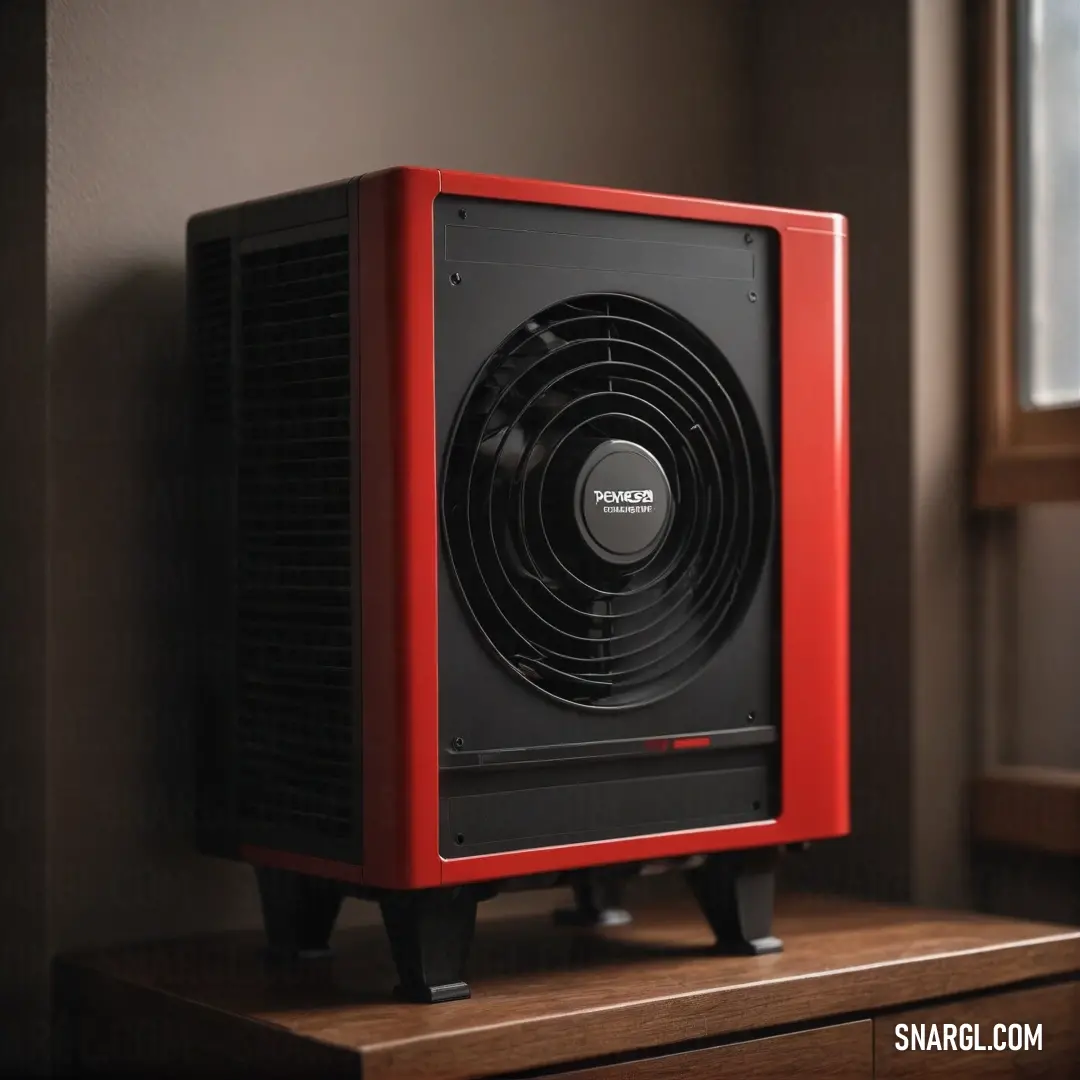 A stylish red and black fan graces a wooden table, beautifully positioned beside a window that allows gentle sunlight to illuminate its design, radiating the hues of PANTONE 206 color.