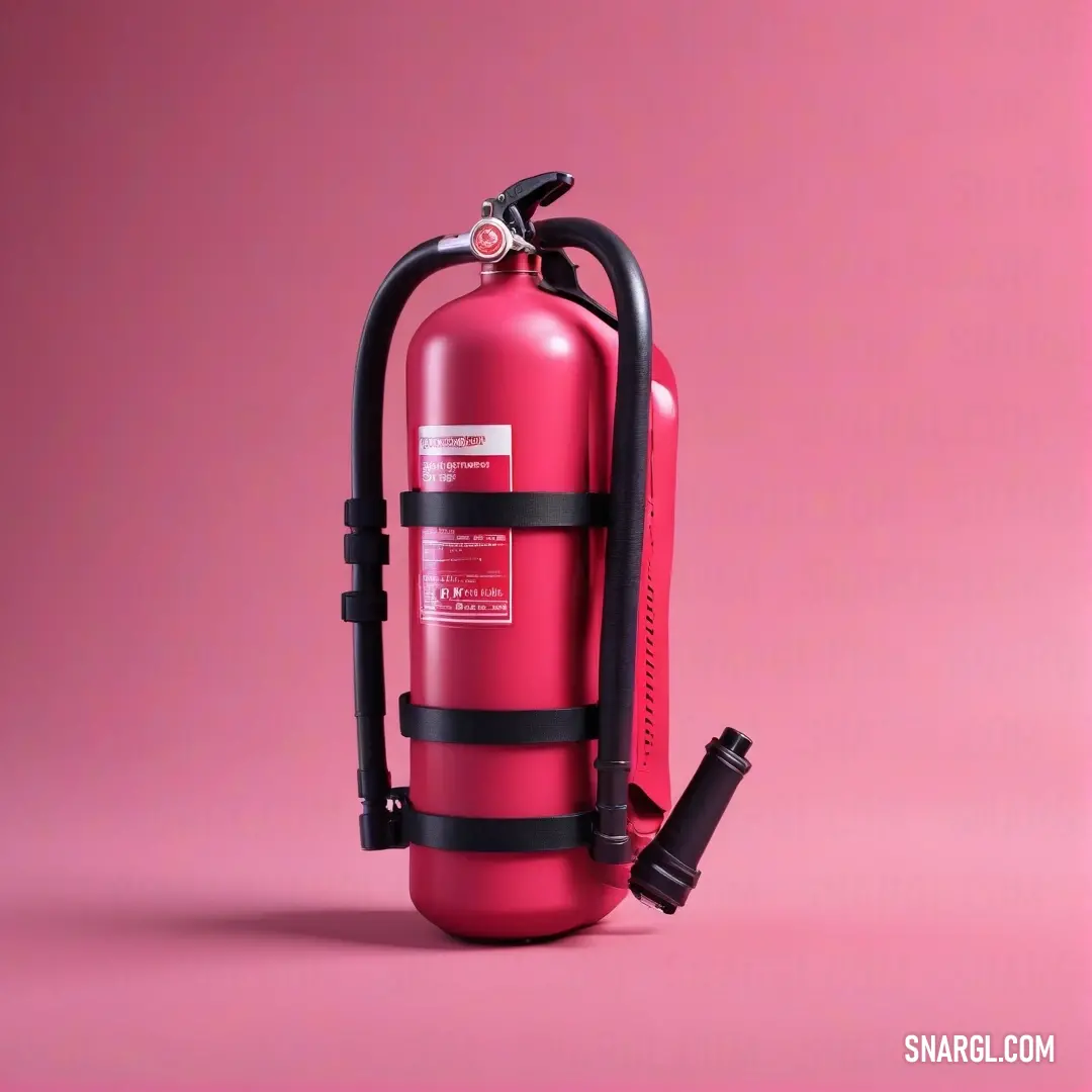 A bold red fire extinguisher stands against a contrasting black background, with a black handle that complements its vivid #D82455 hue. This eye-catching scene emphasizes safety with a modern twist.