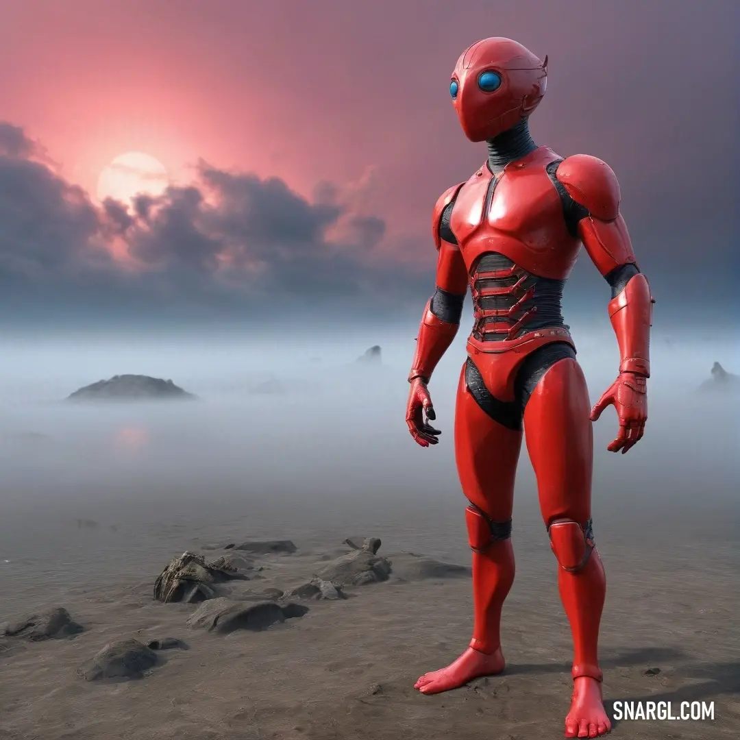 A futuristic red robot stands proudly on a sandy beach, bathed in the warm glow of a setting sun. Towering mountains emerge in the distance under a blanket of soft clouds, creating a breathtaking landscape of adventure and discovery.