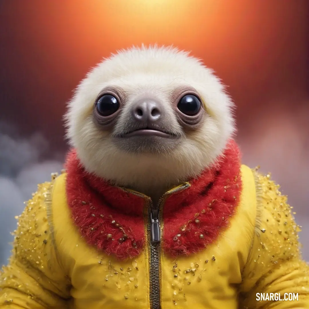 Vibrantly dressed, a sloth lounges in a stylish yellow jacket complemented by a bold red scarf. Its casual charm is elevated by gold-studded details, all enveloped in the vivid tones of PANTONE 206.