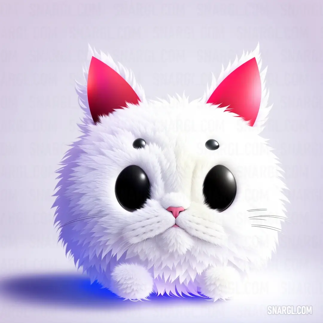 White cat with black eyes and a red nose on a white background with a shadow of its head