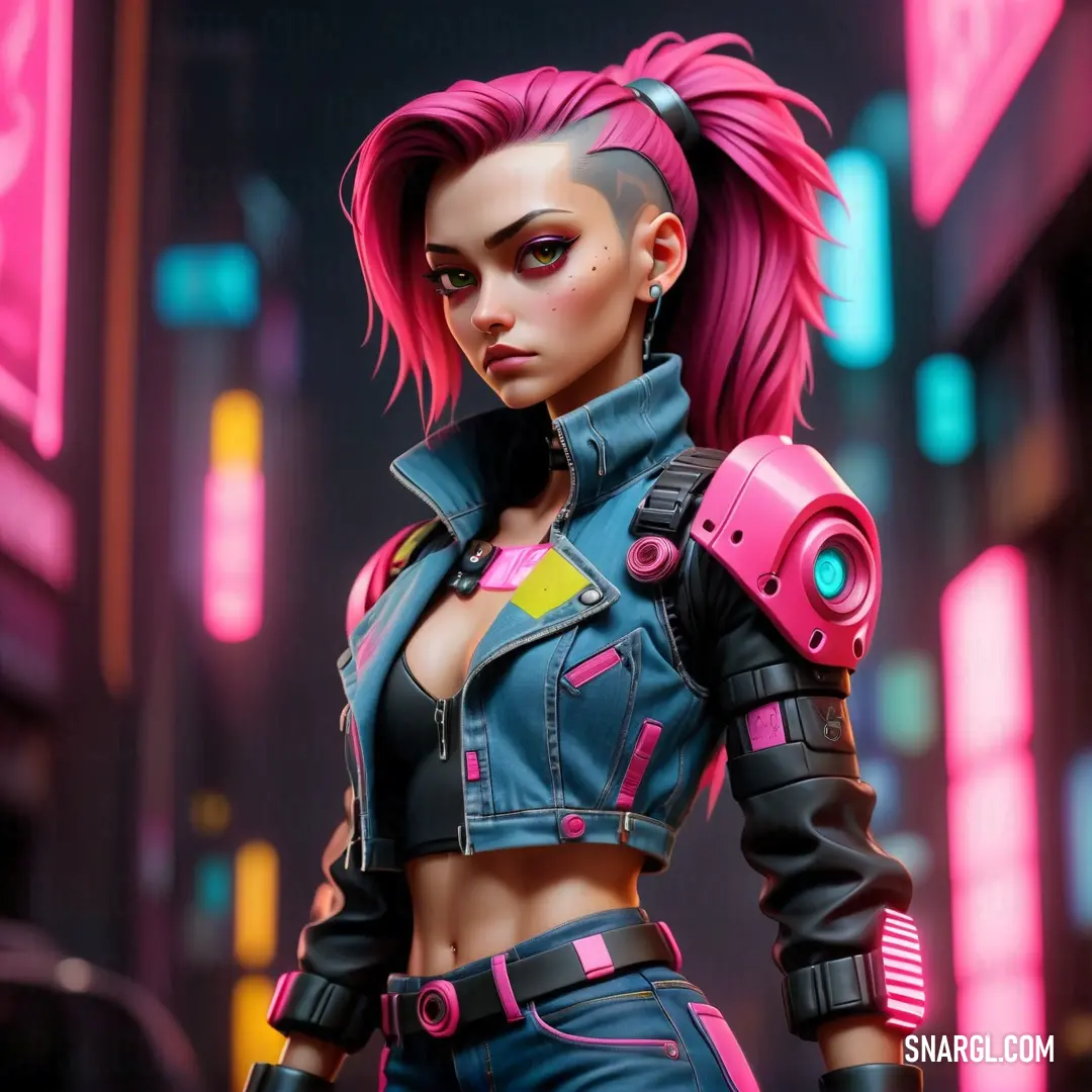 Woman with pink hair and a futuristic outfit in a city setting with neon lights and neon signs on the buildings