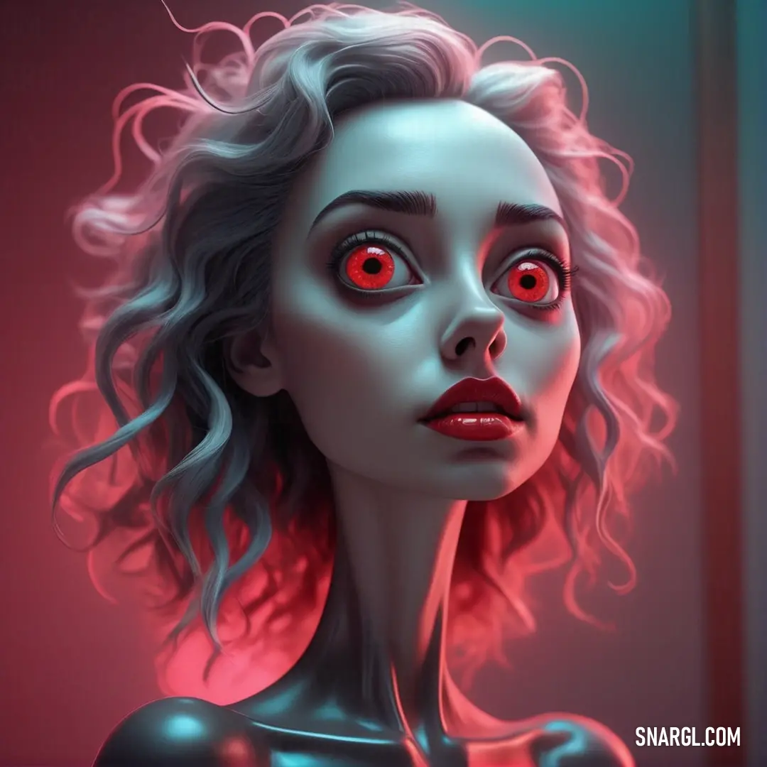 An enigmatic woman with striking red eyes and an intense expression captivates the viewer, evoking curiosity in a compelling scene filled with mystery.