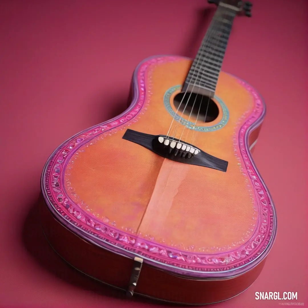 A guitar designed with a captivating blend of pink and purple hues on its body and neck, complete with a sleek black fret, serves as an example of PANTONE 2060 color. A true visual masterpiece.