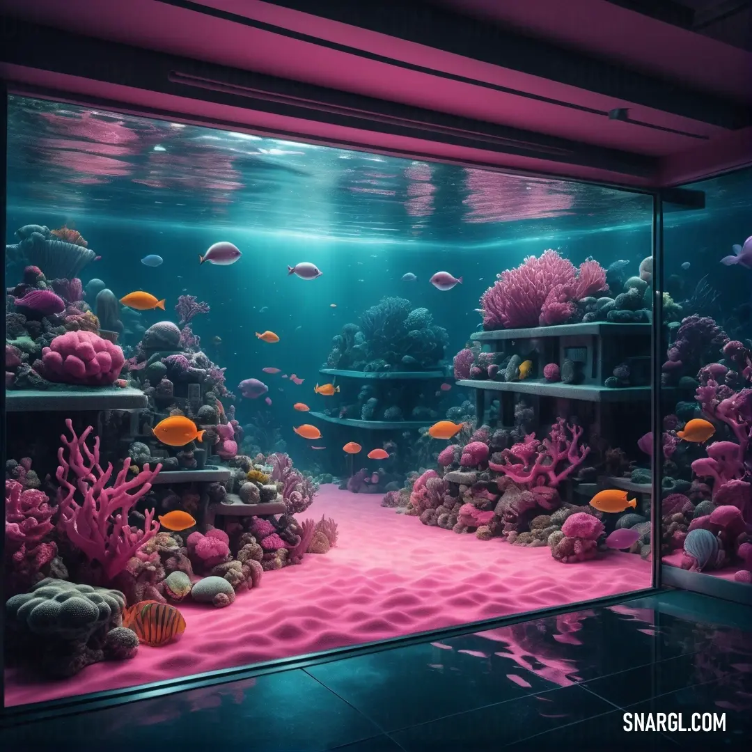 Large aquarium with many different types of fish in it's tank and a pink floor and walls. Example of #C16198 color.