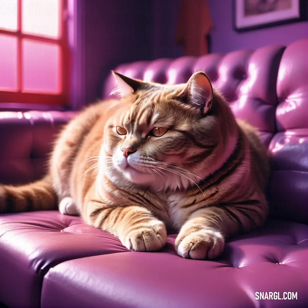 Cat laying on a purple leather couch in a room with a window and a picture on the wall. Example of PANTONE 2060 color.