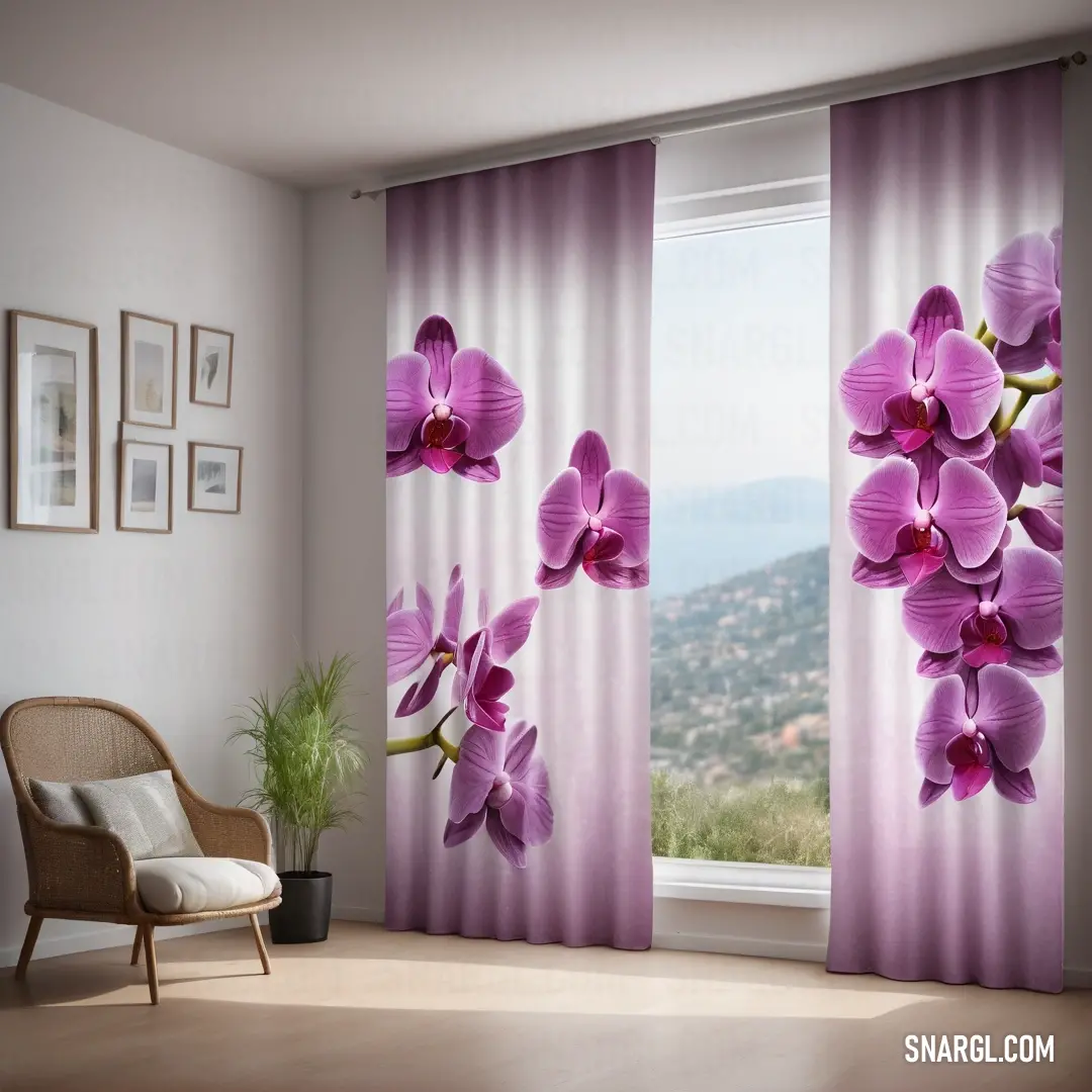 A charming living room exuding warmth, featuring a cozy chair and a large window adorned with purple flowers. A beautiful mountain picture hangs on the wall, bringing the RGB color 193, 97, 152 into the serene space's aesthetic.