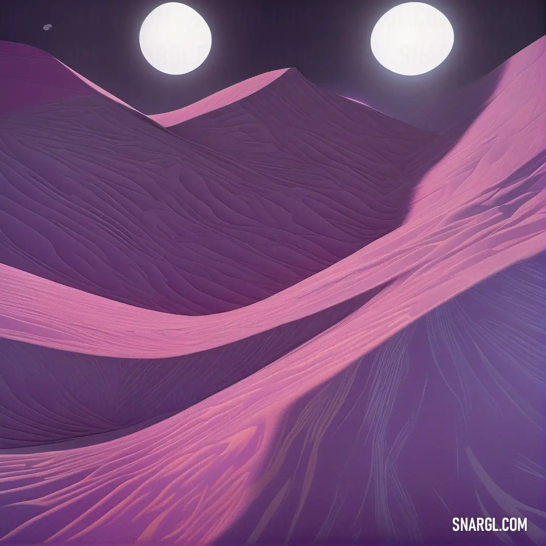 An enchanting painting depicting a desert landscape illuminated by two serene moons against a lush purple background. The dreamy scene showcases the rich tones of PANTONE 2060, blending imagination with nature's beauty.